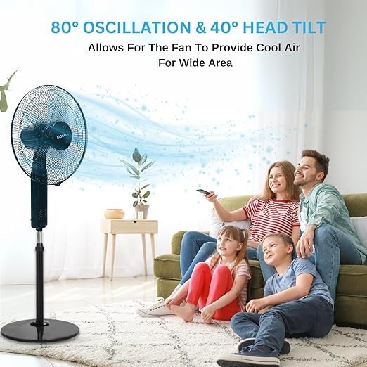 DOMEA Stand Fan 16 Inches, 5 Leaf ABS Blade, LED Display, Remote Control & Timer, Adjustable Height & Tilt, Ideal For Room, Office, Apartment Use, Silent Powerful Oscillating Cooling Fan, 60 W