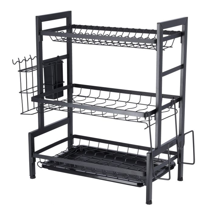 3-Layer Stainless Steel Dish Rack, Holds 17 Plates, RF10154 | Attached PP Drain Board | Cutlery Holder, Cutting Board Holder | Convenient Moving & Durable Rack