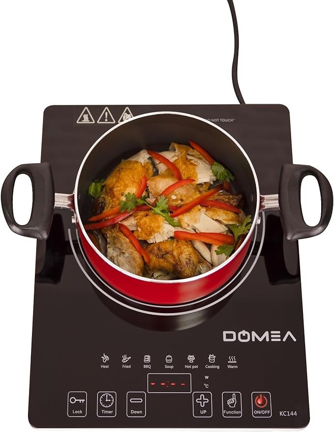 DOMEA Infrared Cooktop, 1 Burner With 7 Preset Fuctions | A-Grade Micro Crystal Panel With Easy Touch Digital Display, For Fast & Precise Cooking, All Cookwares, Child Safety Lock | 2000W Power