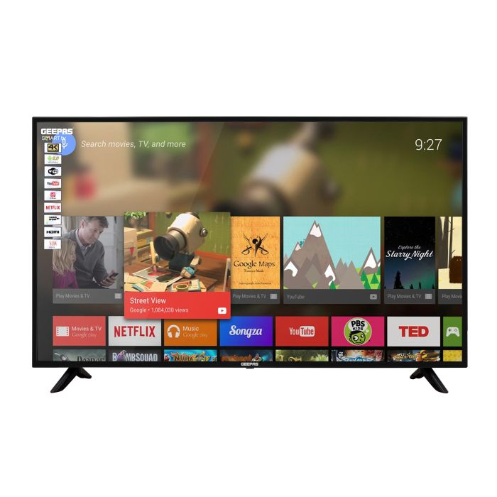 Geepas 58" Smart LED TV - Mirror Cast, 3.5mm, 3 HDMI & 2 USB Ports | Wifi, Android 9.0 With E-Share | 2 GB Ram | Comes Application Like Youtube, Netflix, Amazon Prime | 1 Year Warranty