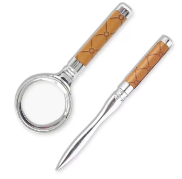 Fis Set Of Magnifier And Letter Opener, Silver Body Metal & Brown Italian Pu Cover - Fsmglosetbrd2