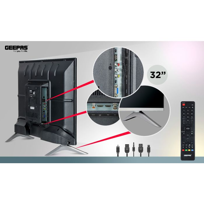 Geepas 32" LED TV – Slim Led, 2 HDMI & 2 Hi-High USB Ports Card Slot | HD Perfectly Clear Panel Wide View Angle | 1 Year Warranty