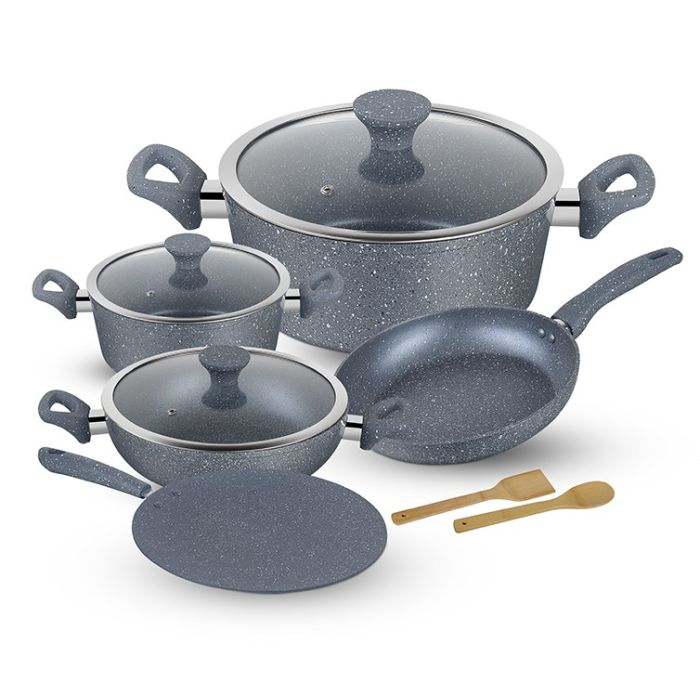 Royalford RF9838 10Pcs Forged Aluminium Cookware Set - 3 Layer Granite Coating Saucepan With Lid, Fry Pan, Casseroles With Lids | Cool Handles | Evenly Heating Base | Compatible With Multiple Hobs