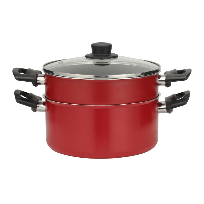 Royalford 2-Tier Non-Stick Steam Pot, Aluminium Pot, RF10265 | Aluminium Cookware With Tempered Glass Lid | Steam Pot With Bakelite Handles & Knobs | Kitchen Steamer Cooker