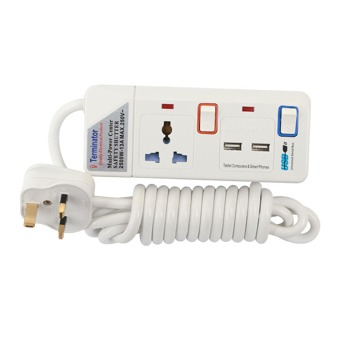 1 Way Power Extension Socket With 2 USB 2.1A 5M Cable 13A Plug