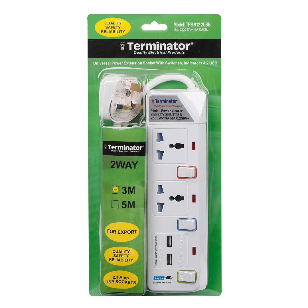 2 Way Power Extension Socket With 2 USB 2.1A 3M 13A Plug