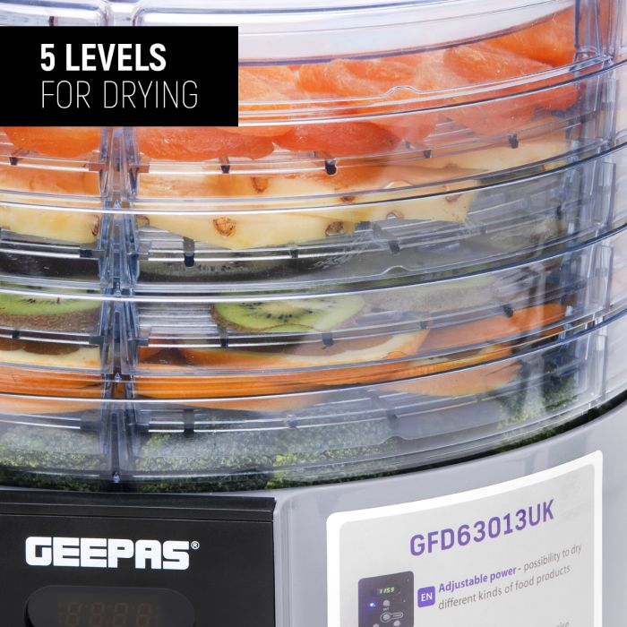 GFD63013UK 520W Digital Food Dehydrator - Food Dryer With 5 Large Trays, Adjustable Temperature & Timer Settings, Ideal For Fruit, Healthy Snacks, Vegetables, Meats & Chili, BPA-Free