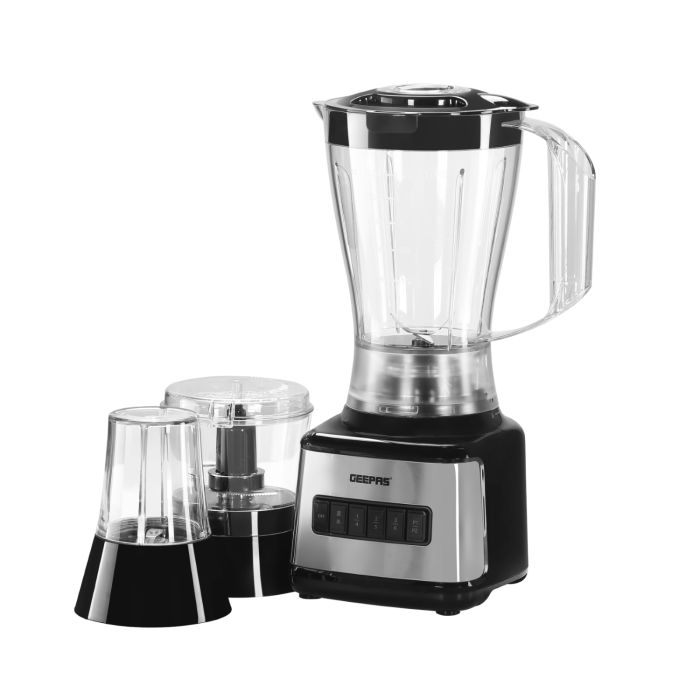 Geepas 500W 3 In 1 Stainless Steel Blender - 8 Speed Control , 1.5L Plastic Jar, 4 Sharp Blades & 2 Blending Preset Juicer- Mill & Chopping Blender, Anti-Slip Feet Design - 2 Year Warranty