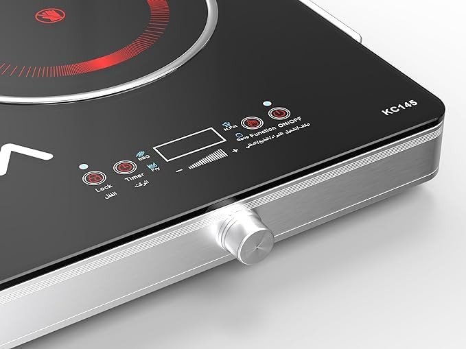 DOMEA Infrared Cooktop, 2 Burner With 4 Preset Functions | A-Grade Micro Crystal Panel With Easy Touch Digital Display, For Fast & Precise Cooking, All Cookwares | Child Safety Lock, 1800W+1800W Power