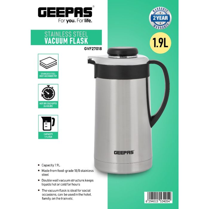 Stainless Steel Vacuum Flask, Double Walled Airpot, GVF27018 | Keep Drinks Hot/ Cold | 1.9L Thermal Insulated Portable & Leak Proof Airpot For Coffee, Hot Water, Tea & More