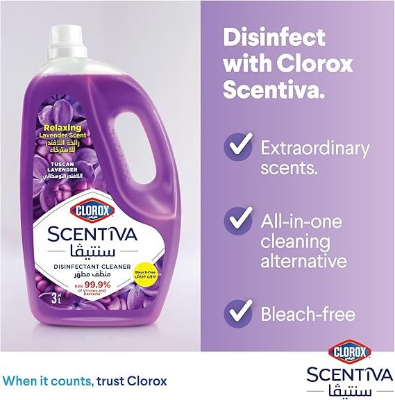 Clorox Scentiva Tuscan Lavender Bundle, Multipurpose Disinfectant Floor Cleaner 1.5L, Multi Surface Cleaner 500ml, Scentiva Toilet Cleaner 709 ml