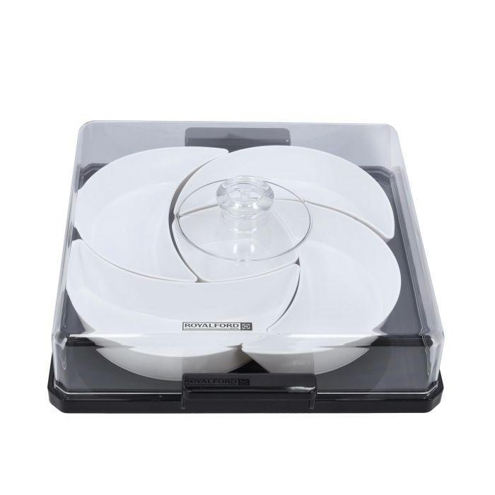 Square Acrylic Candy Tray, Beautiful Centrepiece, RF10340 - 5 Compartment Design With Transparent Lid - Appetizers Food Tray For Dried Fruits, Nuts, Candies, Fruits, Salad