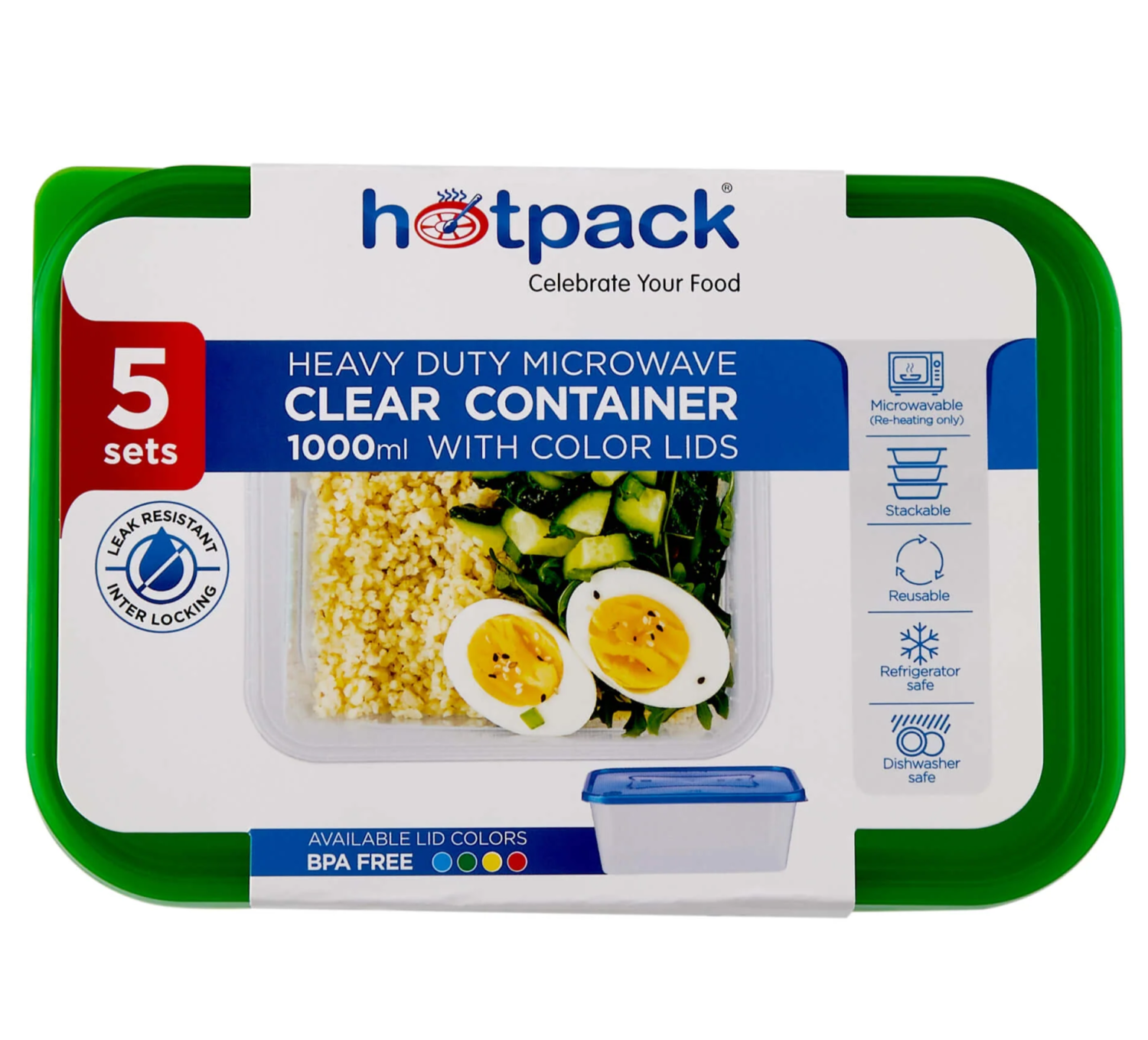 Clear Rectangular Heavy Duty Microwave Container with Color Lids 5 Pieces