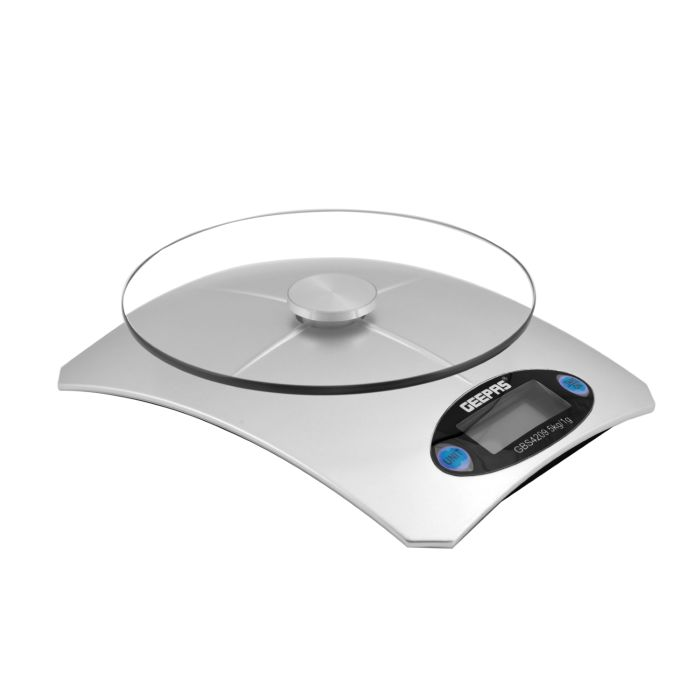Geepas Digital Kitchen Weighing Scales | Multifunction Weight Scale With High Accuracy Digital Display Top Panel | LCD Displays With Tare Function | Ultra Slim Design, 11lb/5kg, Silver - 2 Years Warra