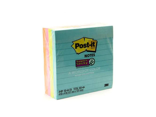 3M Post-it Super Sticky Notes 675-4SSMIA. 4 x 4 in (101 mm x 101 mm), Lined, 90 sheets-pad, 4 pads-Pack