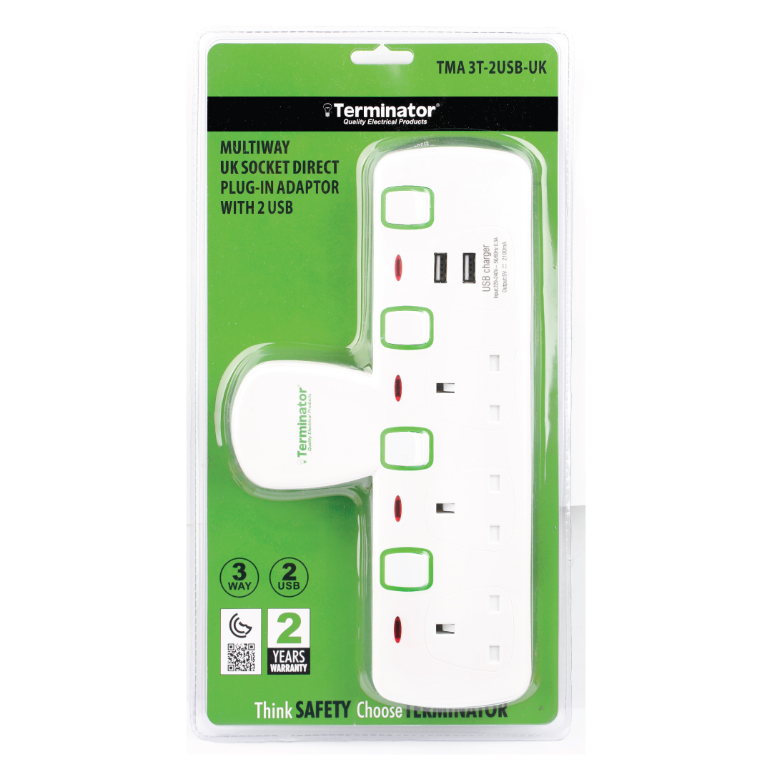 3 Way UK T-Socket Multi Adaptor With 2 USB 2.1A