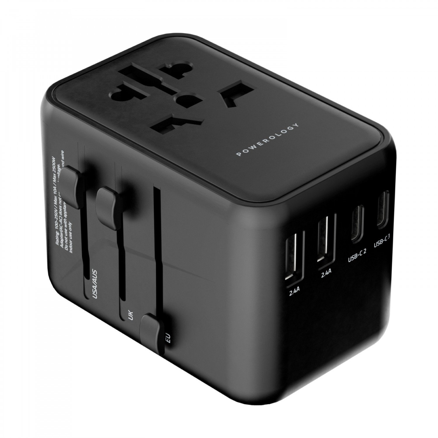 Powerology Universal Multi-Port Travel Adapter PD 65W ( 3X Type-C / 2X USB-A Ports ) - Black