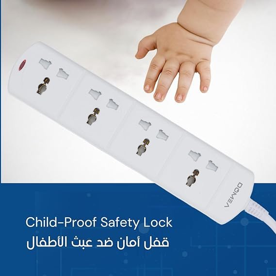 DOMEA Multi Plug Extension With 4 Universal Sockets | Plug Type Adaptor | 3 Meter Copper Cable With Safety Fuse