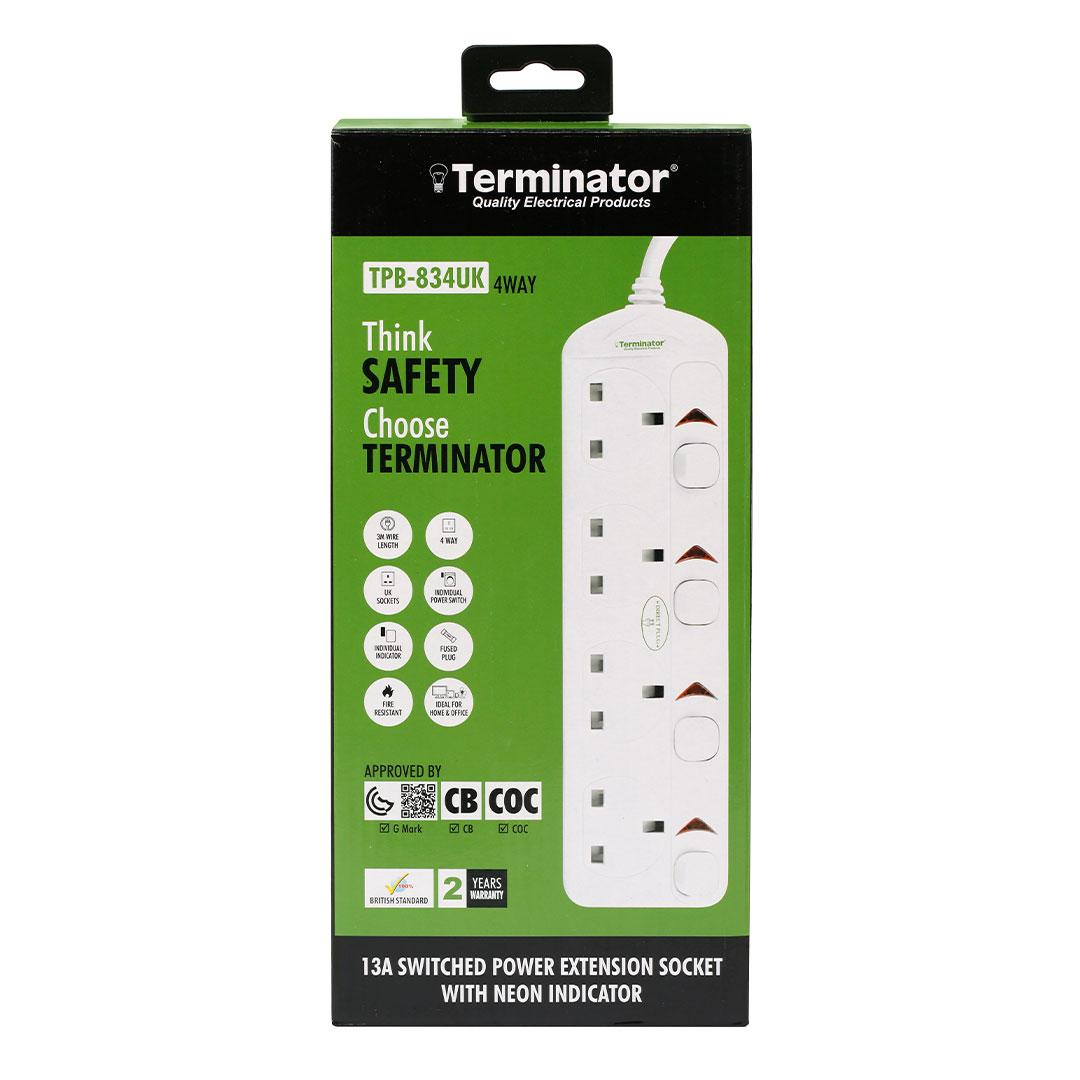 4 Way UK Power Extension Socket With Individual Switches 3M 1.25mm2 Cable 13A Plug