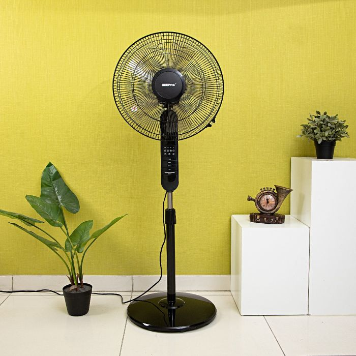 Geepas 16" Stand Fan With Remote Control - 3 Mode/Speed, 5 Leaf Blade Wide Oscillation, Adjustable Height & Tilt Setting With Led Display | 7.5 Hours Timer
