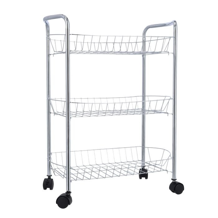 3-Layer Storage Rack, Basket With Wheels, RF10151 | Chrome Finish Storage Stand With 3 Baskets | Rack For Fruit, Vegetables, Snacks, Household Items, Coffee